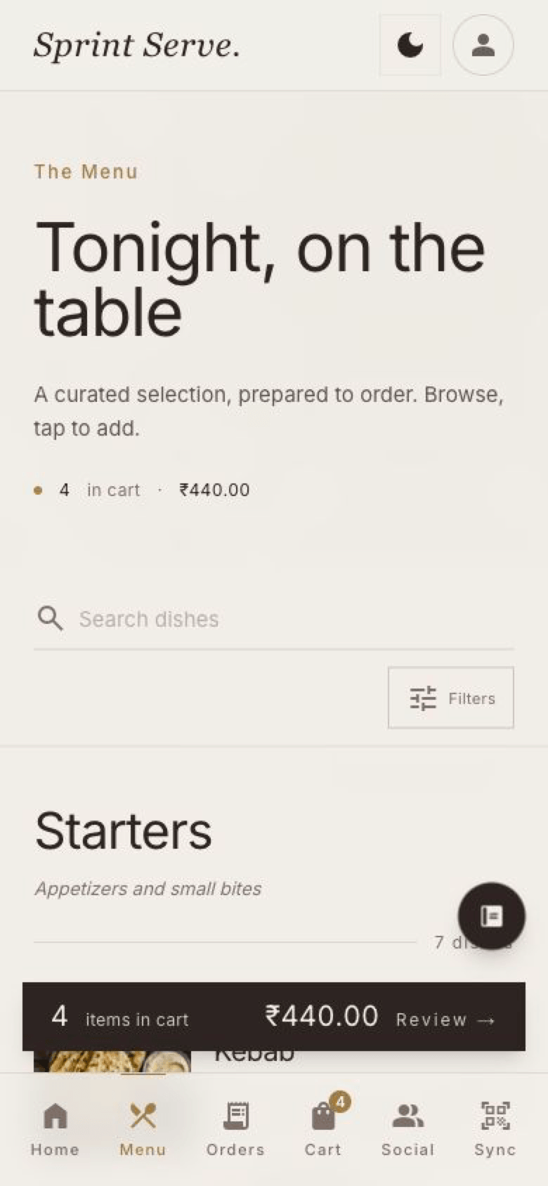 Guest PWA menu and cart for browsing dishes and building an order at the table
